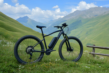 Fototapeta premium An electric mountain bike with a sleek black frame and a visible battery rests on a grassy hillside