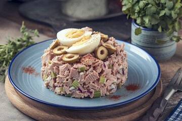 A medium shot of a plate with a dish of freshly prepared tuna salad