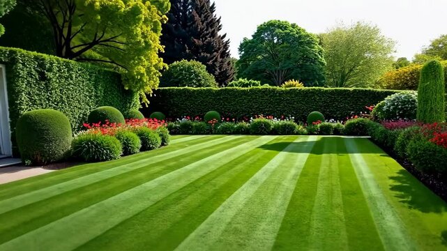 Scenic view of a beautiful landscaped English-style garden with a freshly mowed striped lawn and green deciduous plants. Generative 4k video.
