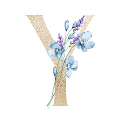Letter Y, gold floral monogram with watercolor blue indigo flowers. Golden letterhead, initial perfectly for logo, wedding invitation, greeting card, poster. Holiday digital design hand drawing.
