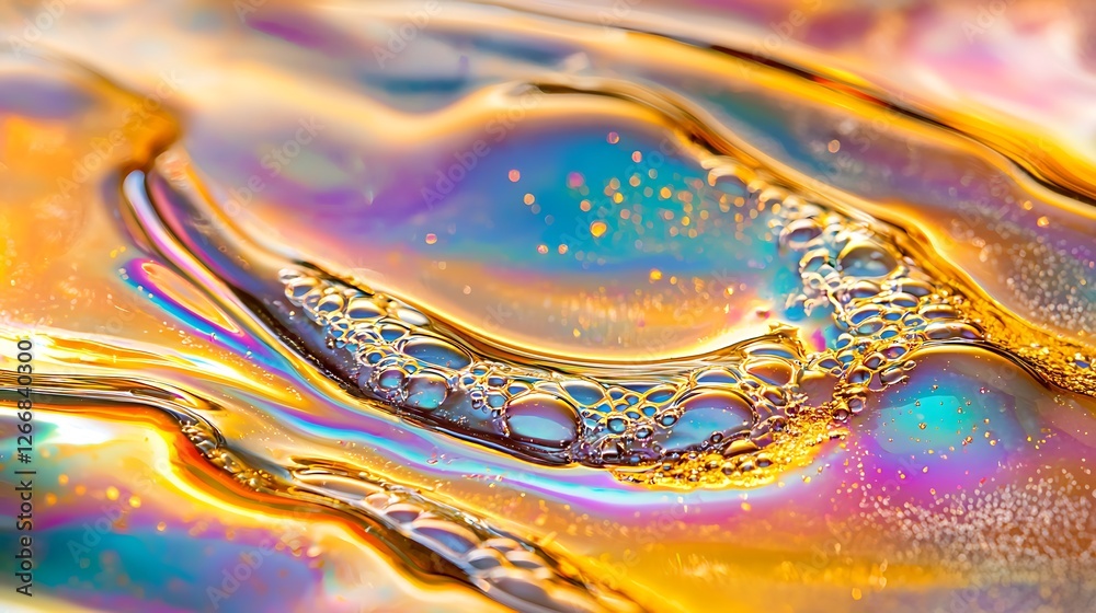 Poster iridescent oil slick surface texture with bubbles, close-up macro shot, background blur