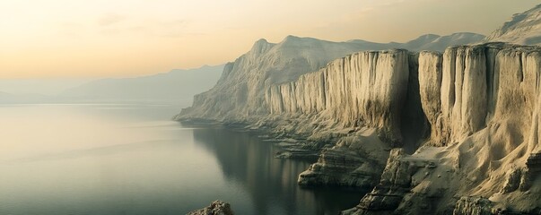 Naklejka premium A dramatic view of the cliffs surrounding the Dead Sea, with the rocky landscape contrasting against the still, saline waters below and the horizon fading into a hazy sky