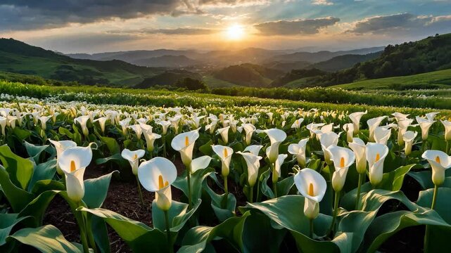 Video footage of field of white calla lilies stretches into the distance under a dramatic sunset, with rolling hills and a partly cloudy sky in the background