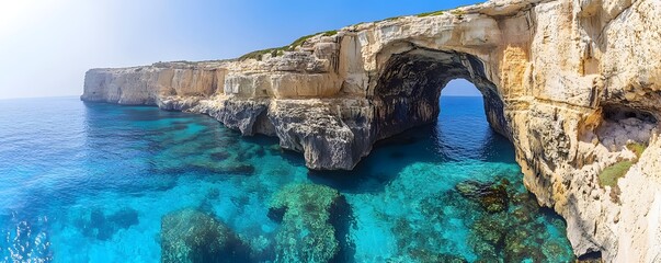 A mesmerizing view of the Blue Grotto Sea Cave in Malta, with its arched limestone entrance glowing under the bright Mediterranean sun and surrounded by crystal-clear turquoise waters