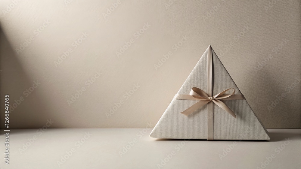 Aufkleber a uniquely shaped gift box, triangular in form, rests elegantly on a neutral surface, adorned with a