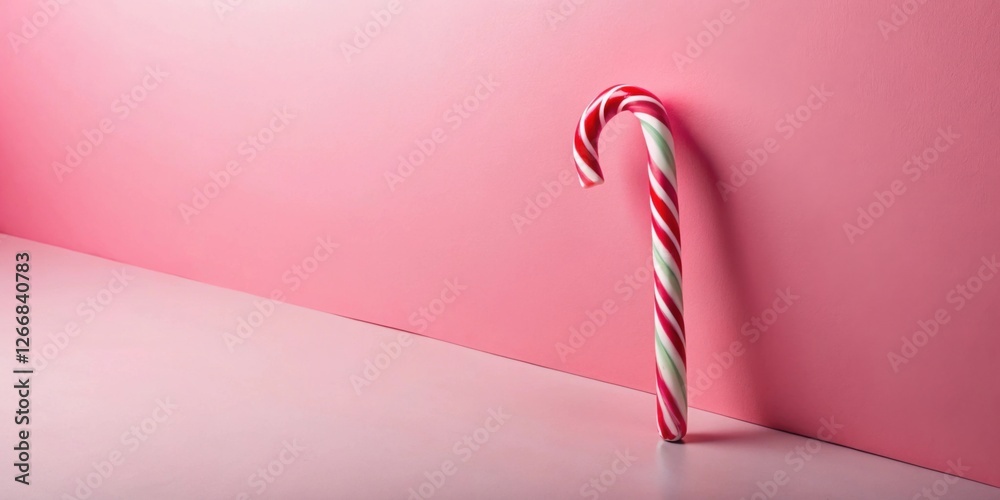 Poster a single candy cane stands against a pale pink background, creating a simple yet festive composition