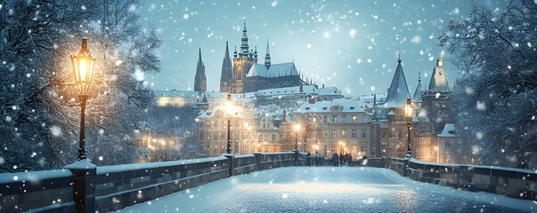 A picturesque winter scene in Prague, with snow gently falling on the cobblestone streets and the Prague Castle and Charles Bridge standing majestically in the background