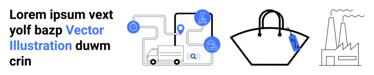 Delivery van with connection points, a handbag with tags, and factory smoke stacks. Ideal for logistics, retail, e-commerce, manufacturing, shipping, product design flat landing page banner