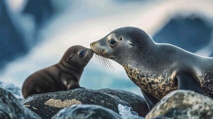 71.A sweet and emotional moment of an Antarctic fur seal mom kissing her baby, with both animals nestled on a rocky shore, their coats shining under the soft glow of the Antarctic sun, with the