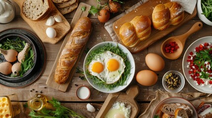A vibrant breakfast spread featuring fresh eggs, bread, and greens on a rustic wooden table with ingredients scattered