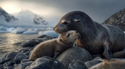 Fototapeta premium 71.A sweet and emotional moment of an Antarctic fur seal mom kissing her baby, with both animals nestled on a rocky shore, their coats shining under the soft glow of the Antarctic sun, with the
