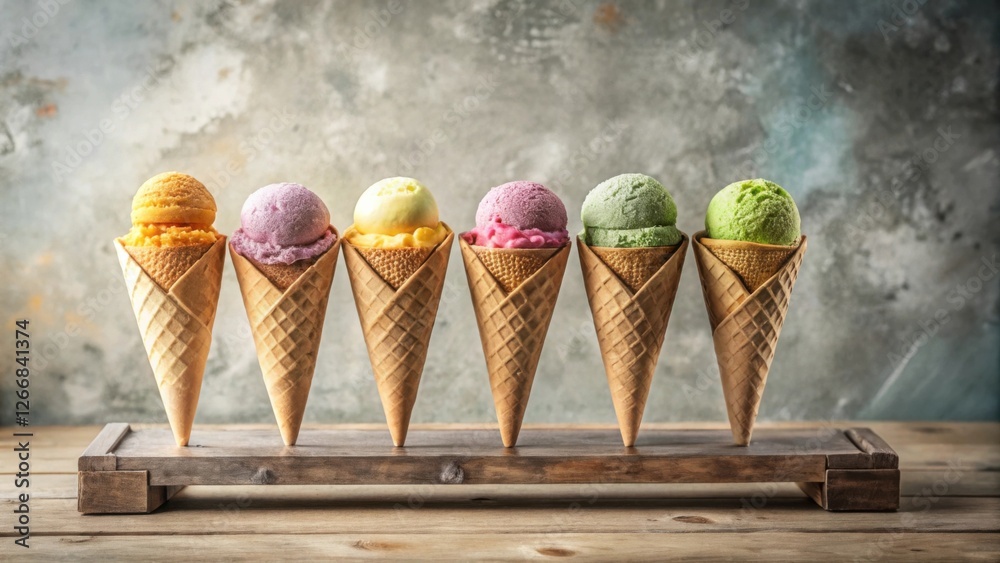 Poster A delightful row of assorted ice cream scoops in crispy cones, elegantly displayed on a rustic wooden tray against a textured backdrop.