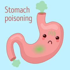 Cute unhealthy stomach character with poisoning symptoms. Stomach pain concept. Vector illustration.