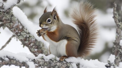 11.An adorable feeding moment captured as a red squirrel nibbles on a nut while sitting on a snow-dusted tree, its surroundings blanketed in pristine white snow under a soft, cloudy sky.