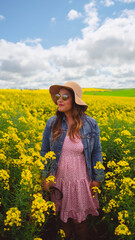 Fototapeta premium Garota no campo de canola