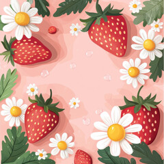 A cute card design , surrounded by strawberries and daisies on pink background. The style is flat illustration with playful colors,