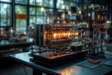 Innovative vintage technology sparks creativity in a dynamic workshop setting during twilight hours. Generative AI