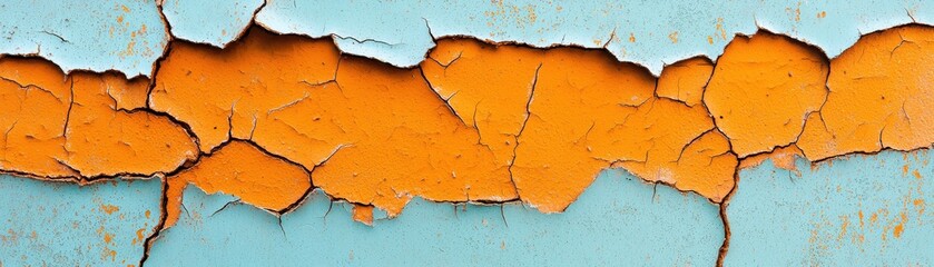 Fototapeta premium Vibrant Textured Background with Cracks and Peeling Paint in Orange and Blue Tones for Artistic Use