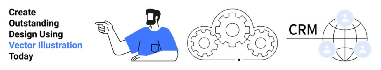Male figure pointing toward interconnected cogwheels and CRM text with a globe, emphasizing teamwork, systems, and customer management. Ideal for business, marketing, workflow, strategy, software