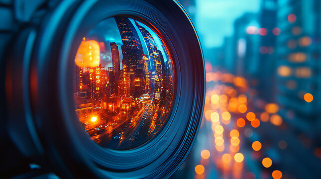 Close-up of a camera lens reflecting a vibrant city skyline with buildings and lights in the background