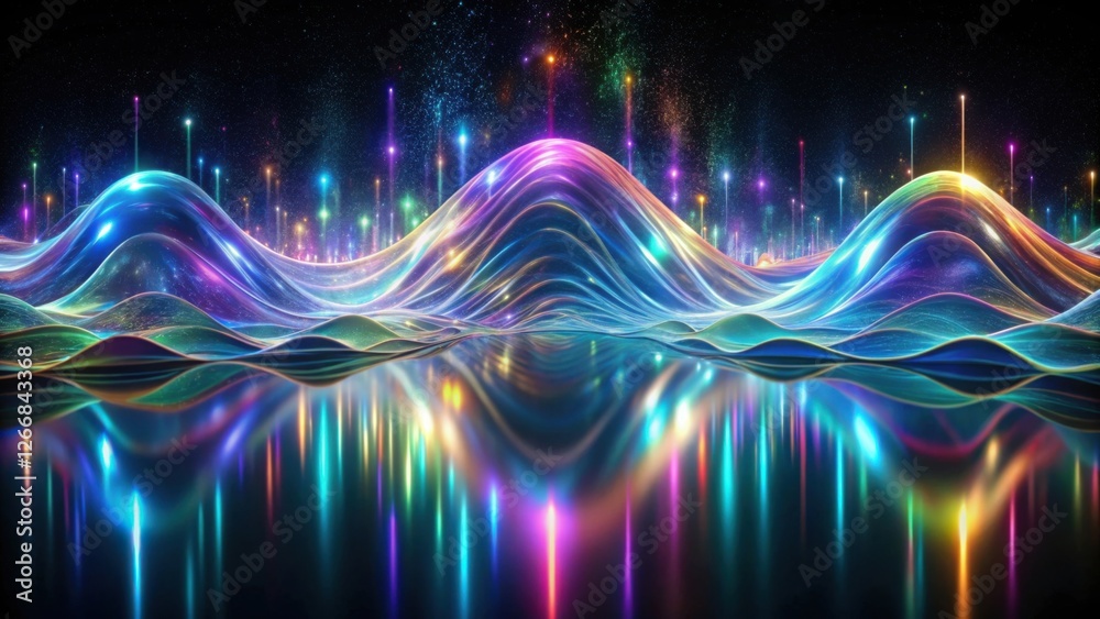 Poster ethereal luminescent waves reflecting in a dark still water, illuminated by vibrant vertical beams o