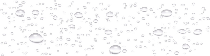 Seamless border of realistic vector water drops isolated on a transparent background. Stunning illustration of droplets from rain, shower, dew, or condensation on glass surfaces. 