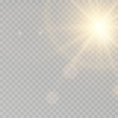 Golden star-sun light with glowing rays and radiant flashes. A high-quality vector illustration featuring bright gold light particles, glitter effects, and shimmering sunbursts