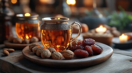 Two ornate teacups filled with golden tea, accompanied by dates, walnuts, and almonds on a wooden tray, illuminated by warm candles in a cozy setting.