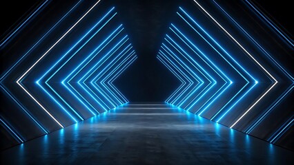 Naklejka premium Futuristic Neon Lights with Glowing Blue Streaks on a Reflective Surface, Abstract Geometric Patterns, and Cyberpunk Aesthetic for a High-Tech Sci-Fi Environment