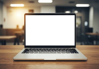 A laptop with a blank screen on a wooden table, with a blurred office background and warm, soft lighting.

