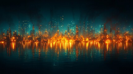 Fototapeta premium A vibrant city skyline engulfed in flames and smoke, reflecting on the water at night