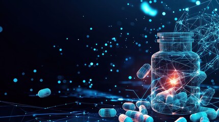 Futuristic medicine bottle with pills, digital network background