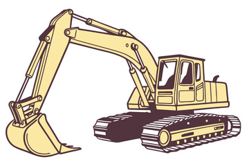  Heavy construction equipment, yellow excavator, industrial machinery, detailed illustration, clean lines, matte finish, bold colors, stylized design, white background, side view, hydraulic arm, buc