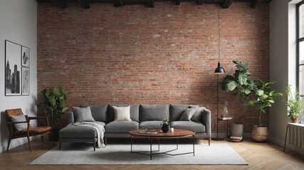 Modern Living Room with Brick Wall and Plush Sofa