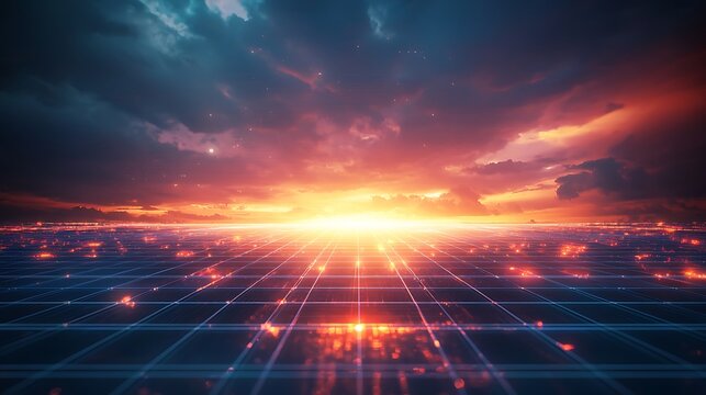 A bright orange sun is rising over a cityscape with a blue sky