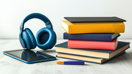 Close-up view of an E-learning symbol with tablet and headphones, perfect for digital education themes.