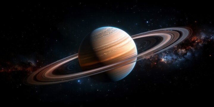 Vibrant rings and swirling clouds of Saturn captured in stunning clarity against the vastness of space at twilight. Generative AI