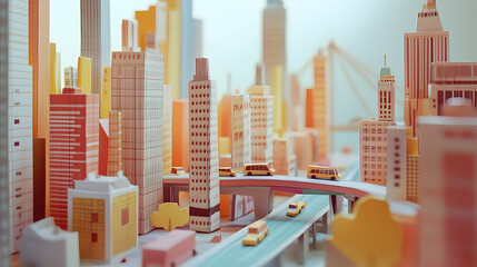 paper metropolis with high-rise buildings, tiny vehicles, and a suspension bridge 