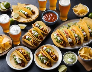 Plenty of snacks such as various fried foods and tacos and cold beer