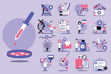 Various illustrations of medical research activities, including lab equipment, healthcare professionals, and essential tools related to medicine