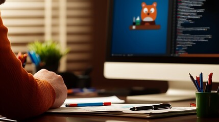 Person working at a desk with a computer displaying a cartoon animal, surrounded by stationery