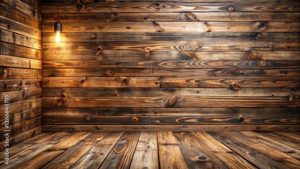 Poster rustic wooden room corner with warm lighting and empty floor space ideal for product placement or de