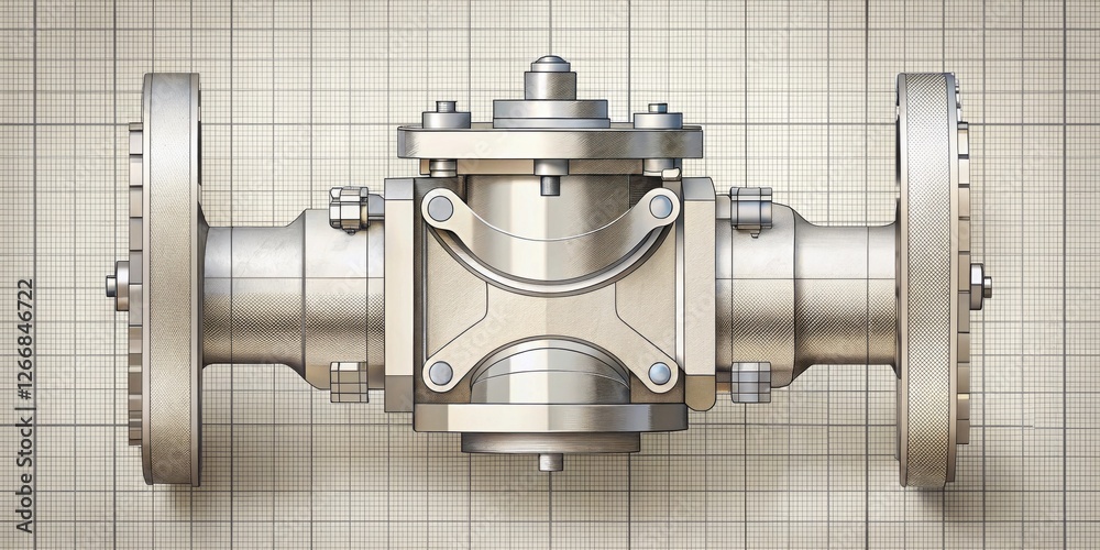 Fototapete precise engineering of a complex valve system depicted on technical drawing grid
