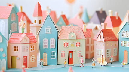 paper village with pastel-colored houses and tiny paper figures walking along the streets 