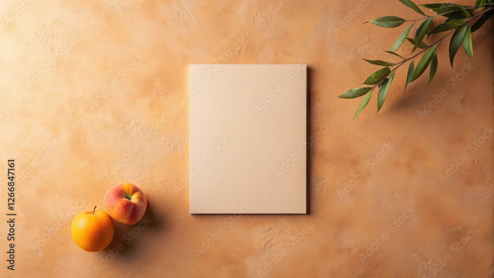 Poster blank cream-colored paper mockup with peach and plum fruits on a textured background