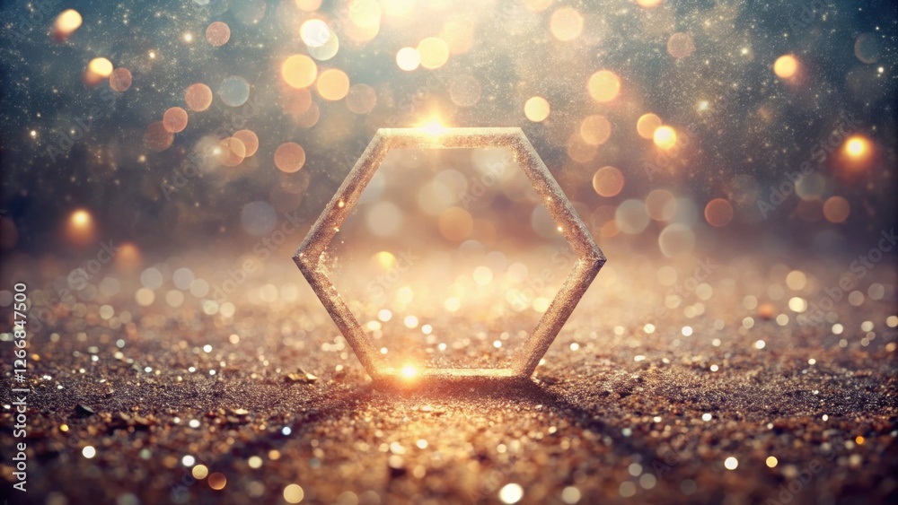 Fototapete sparkling hexagon frame on glittering surface with bokeh lights