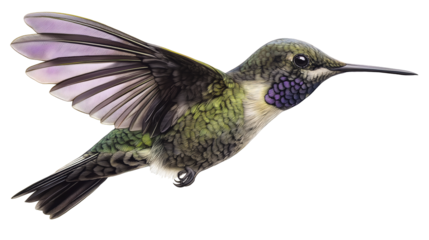 Purple hummingbird in flight displaying vibrant colors and intricate wing details