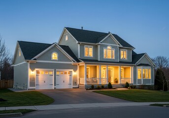Two-story house at dusk, gray exterior, white trim, porch with columns