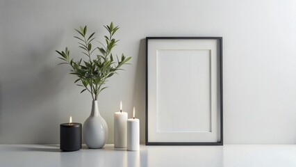 Serene Minimalist Home Decor Mockup Blank Frame, Candles, and Greenery in a Simple White Vase on a Clean Surface