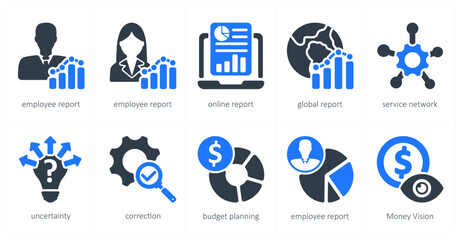 A set of 10 business icons as employee report, online report, global report